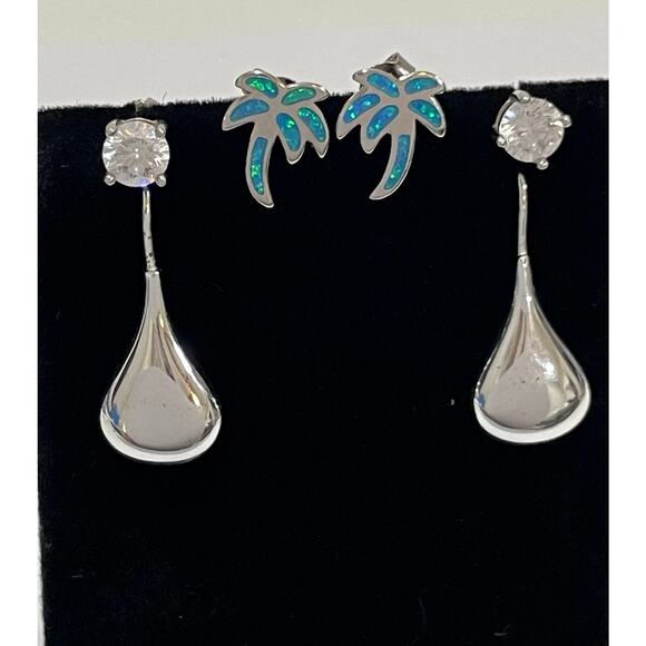 Sterling Silver Earrings 3 Pairs CZ Studs Silver Drops and Blue Opal Palm Trees - Picture 4 of 8
